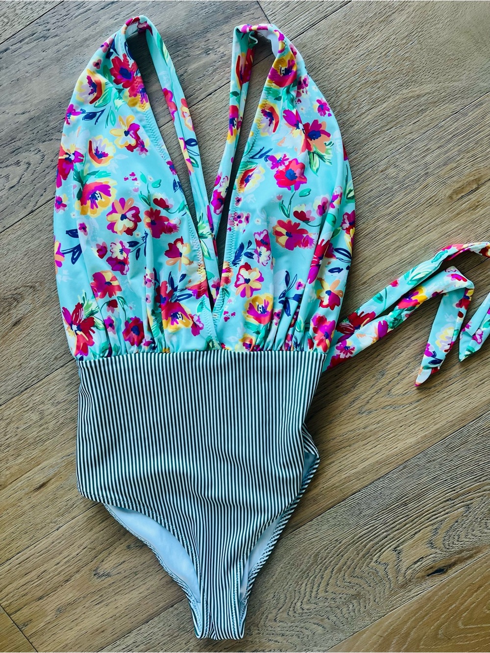 Cupshe Women’s Low Cut Aqua Floral & Stripe One-Piece Swimsuit